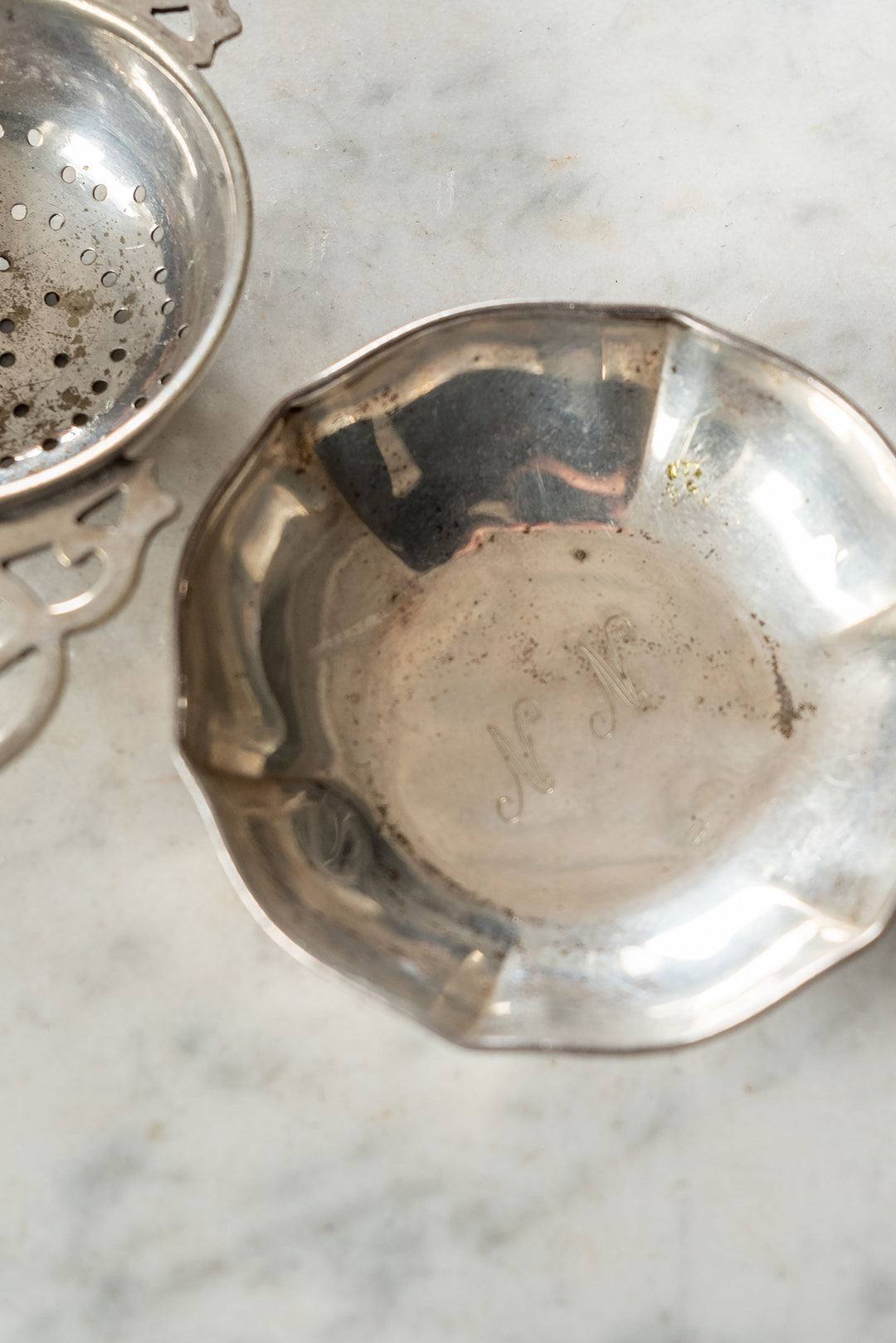 vintage french tea strainer and monogrammed bowl