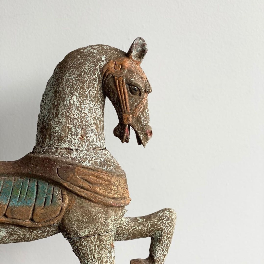 antique European hand carved wood horse