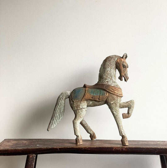 antique European hand carved wood horse