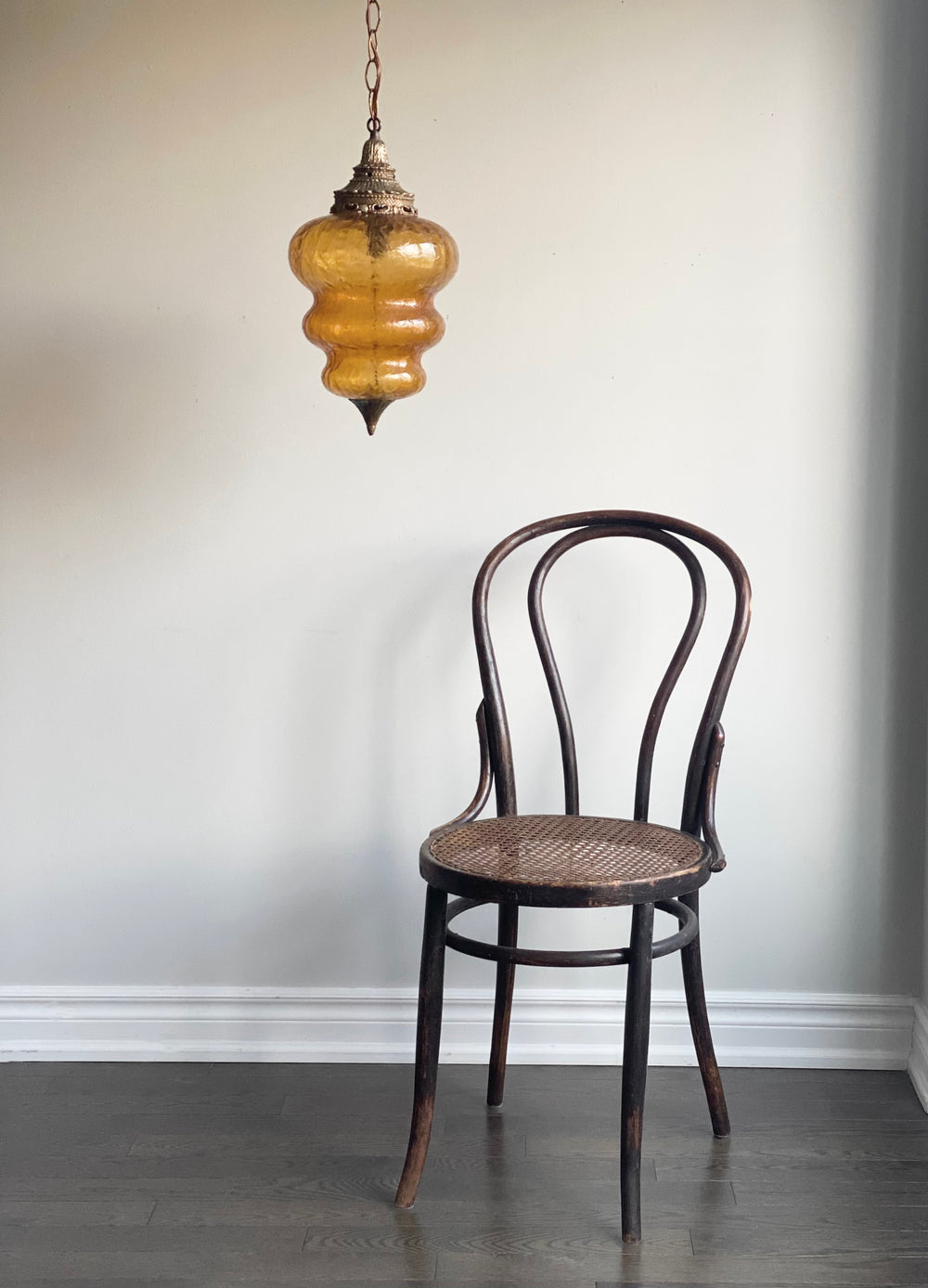 vintage MCM hanging amber swag glass lamp