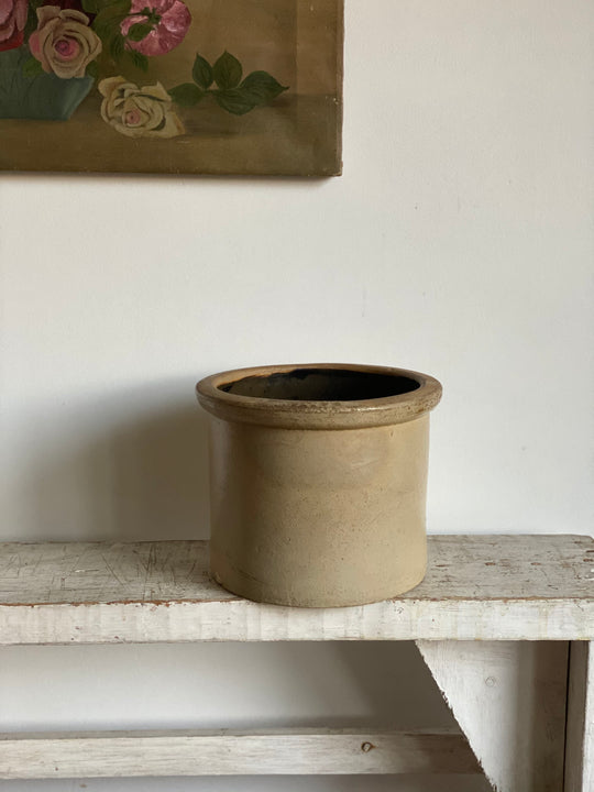 vintage stoneware crock with wood lid