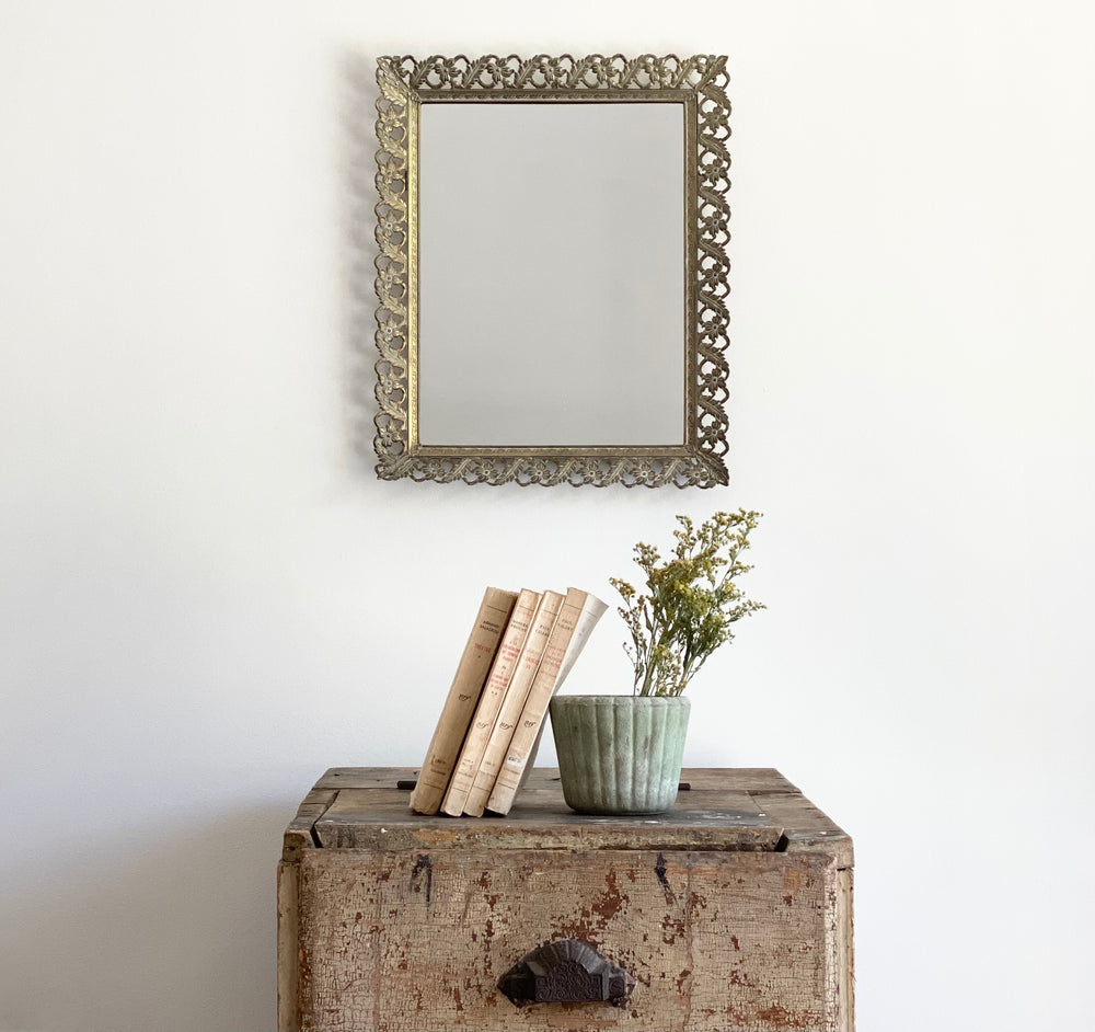vintage pressed tin frame mirror