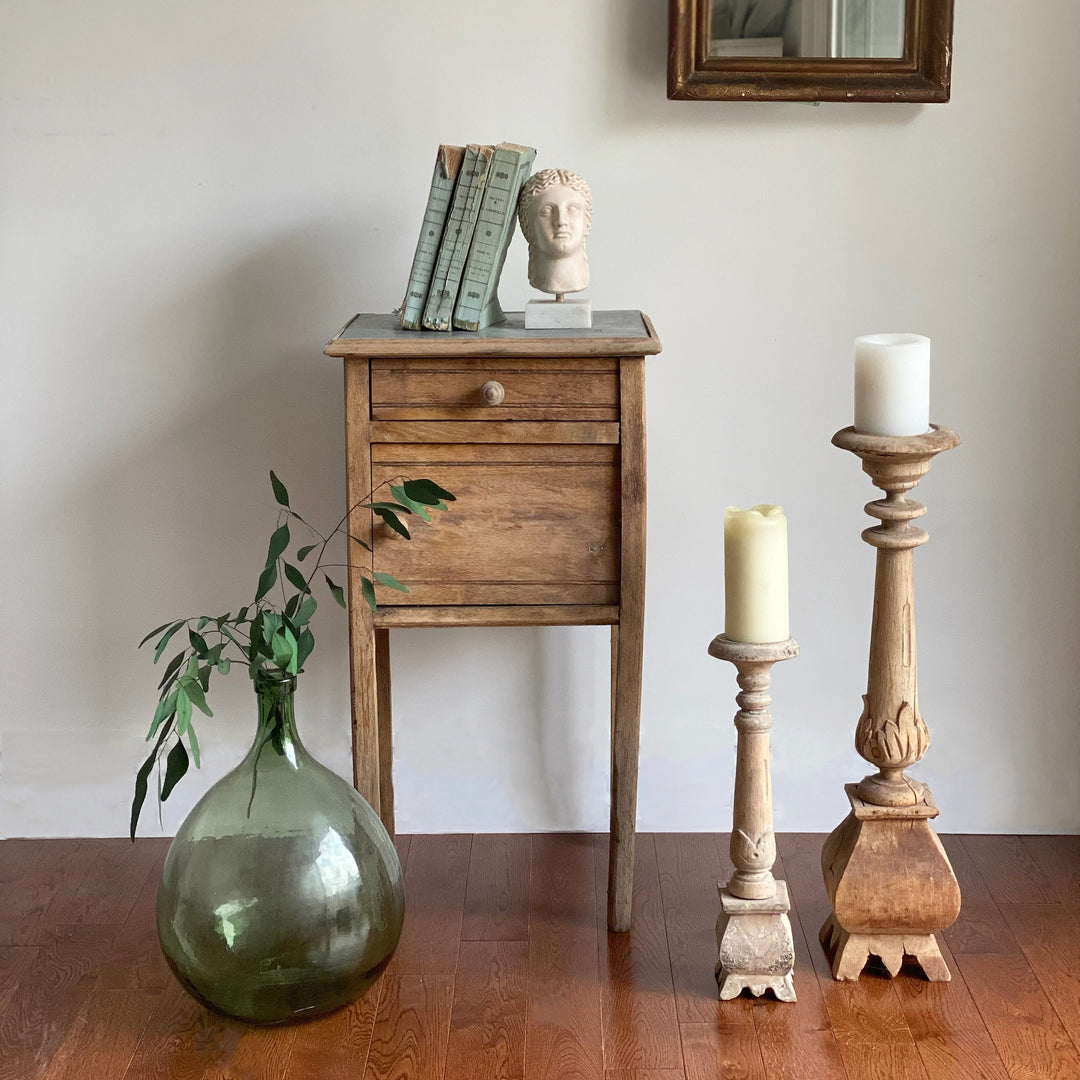 vintage french wood night stand with tin top