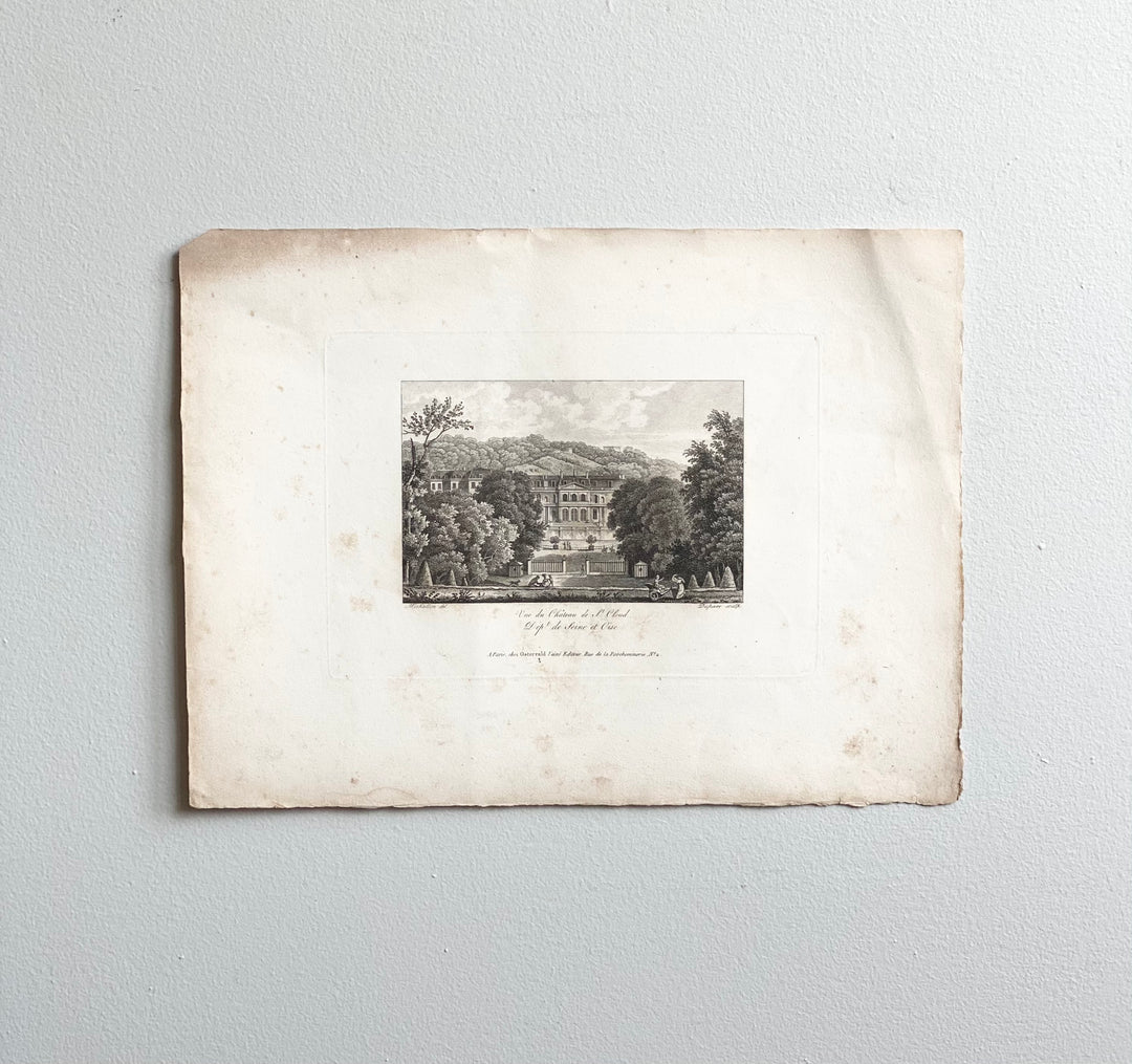 antique engraving, "vue du château de St. Cloud"
