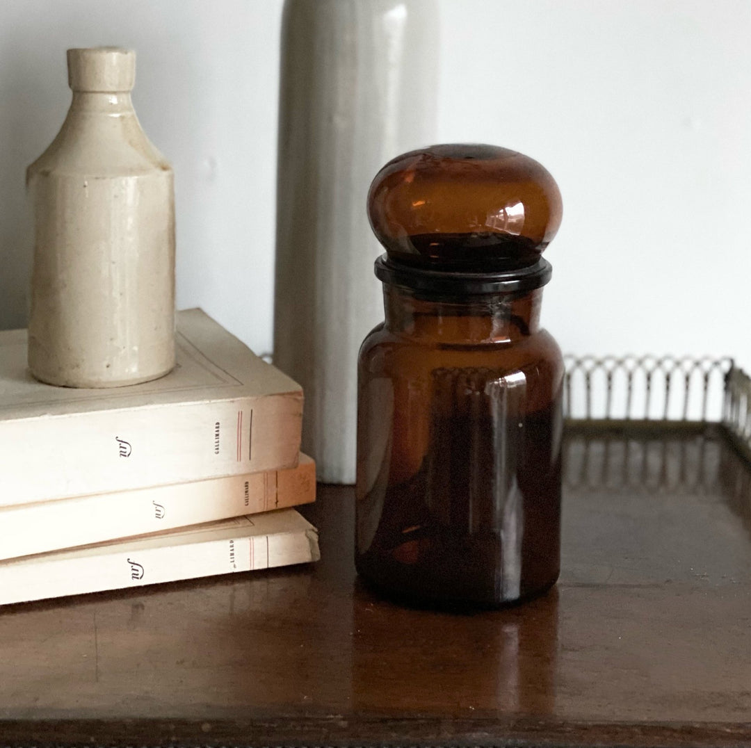 amber apothecary jar, made in Belgium