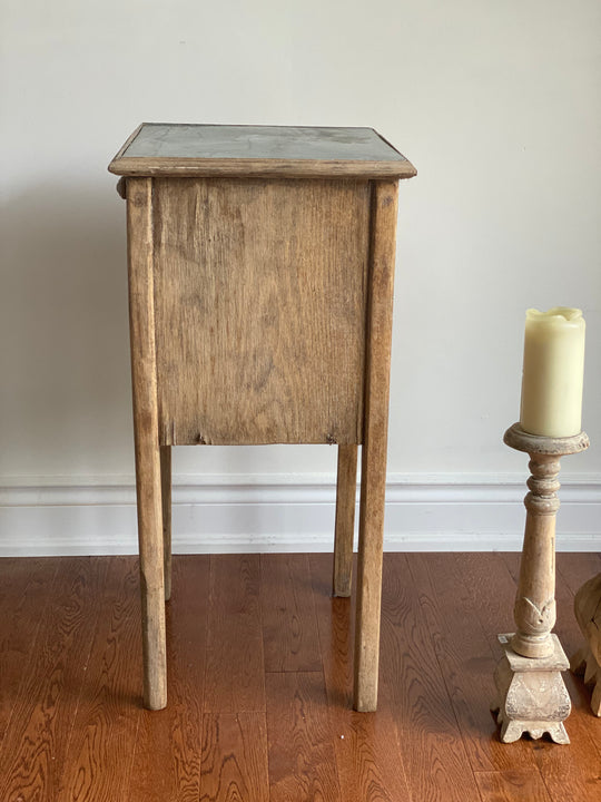 vintage french wood night stand with tin top