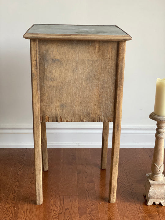 vintage french wood night stand with tin top