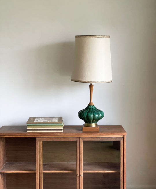 vintage mcm teak & ceramic lamp