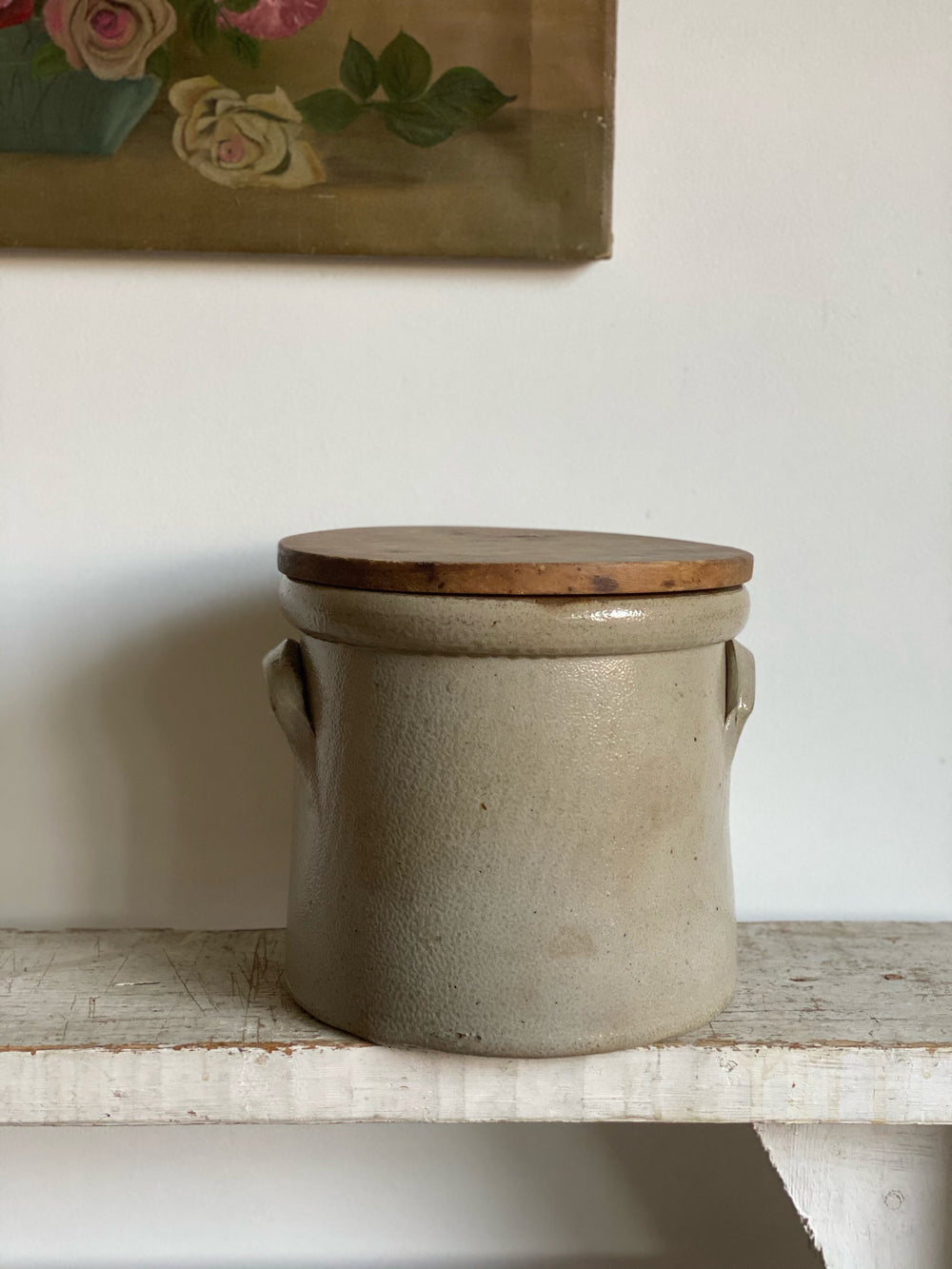 vintage preserving crock with wood lid and handles
