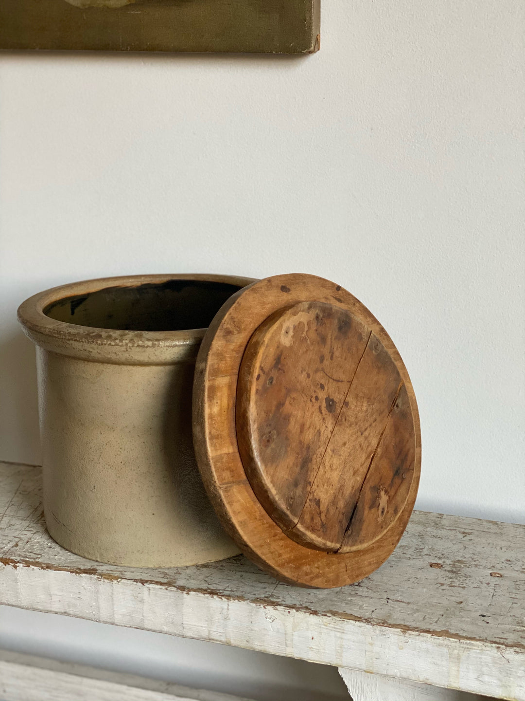 vintage preserving crock with wood lid and handles