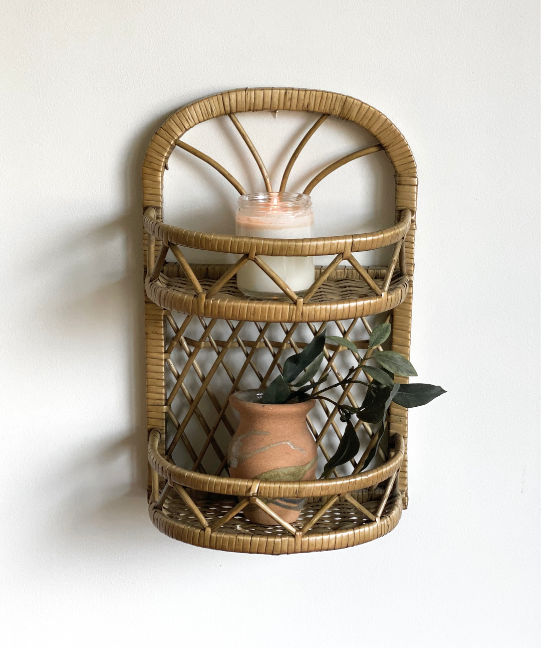 vintage raffia & rattan wall shelf