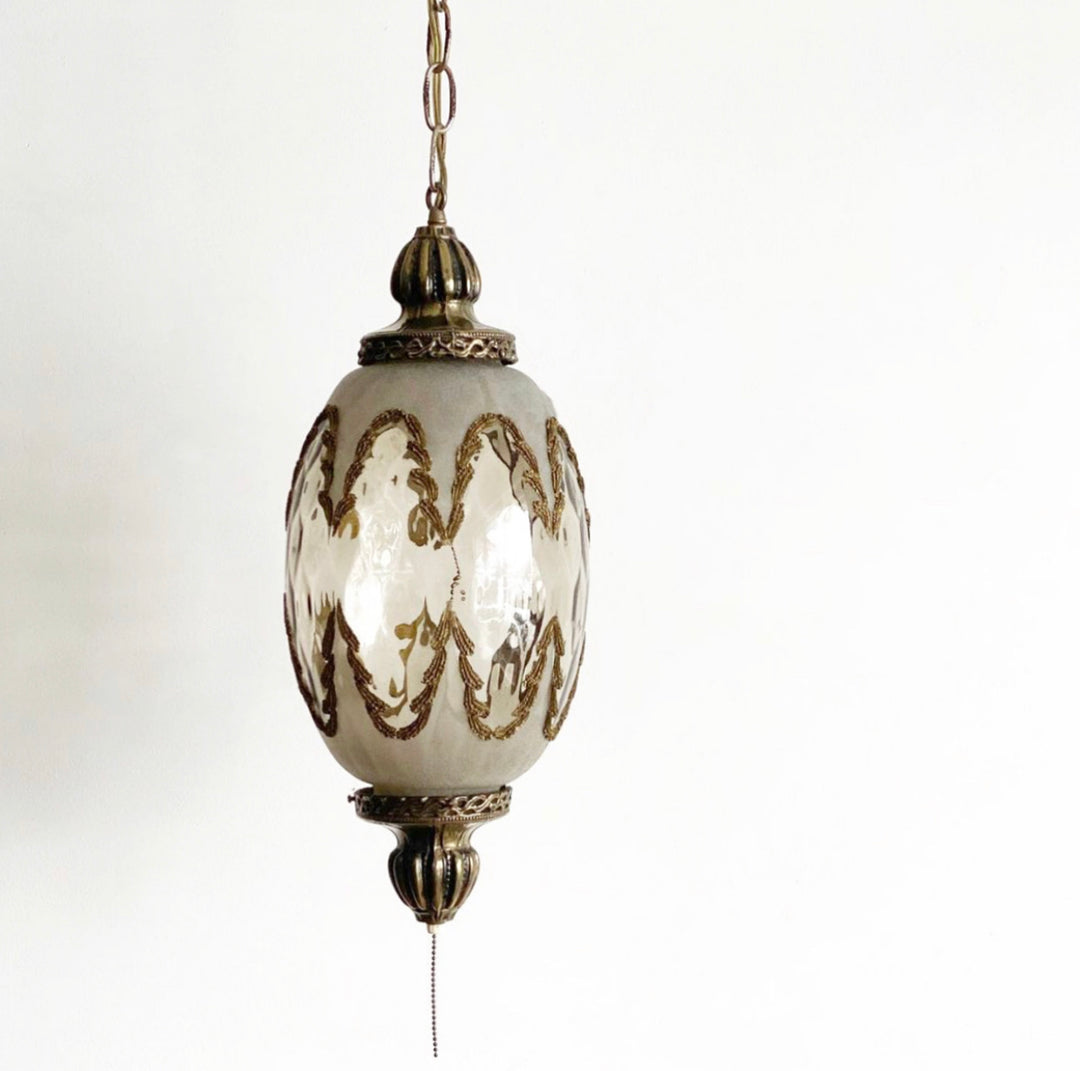 vintage MCM hanging swag glass lamp, frost & gold