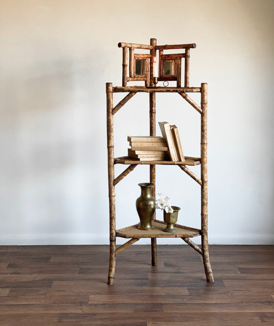 antique English burnt bamboo étagère