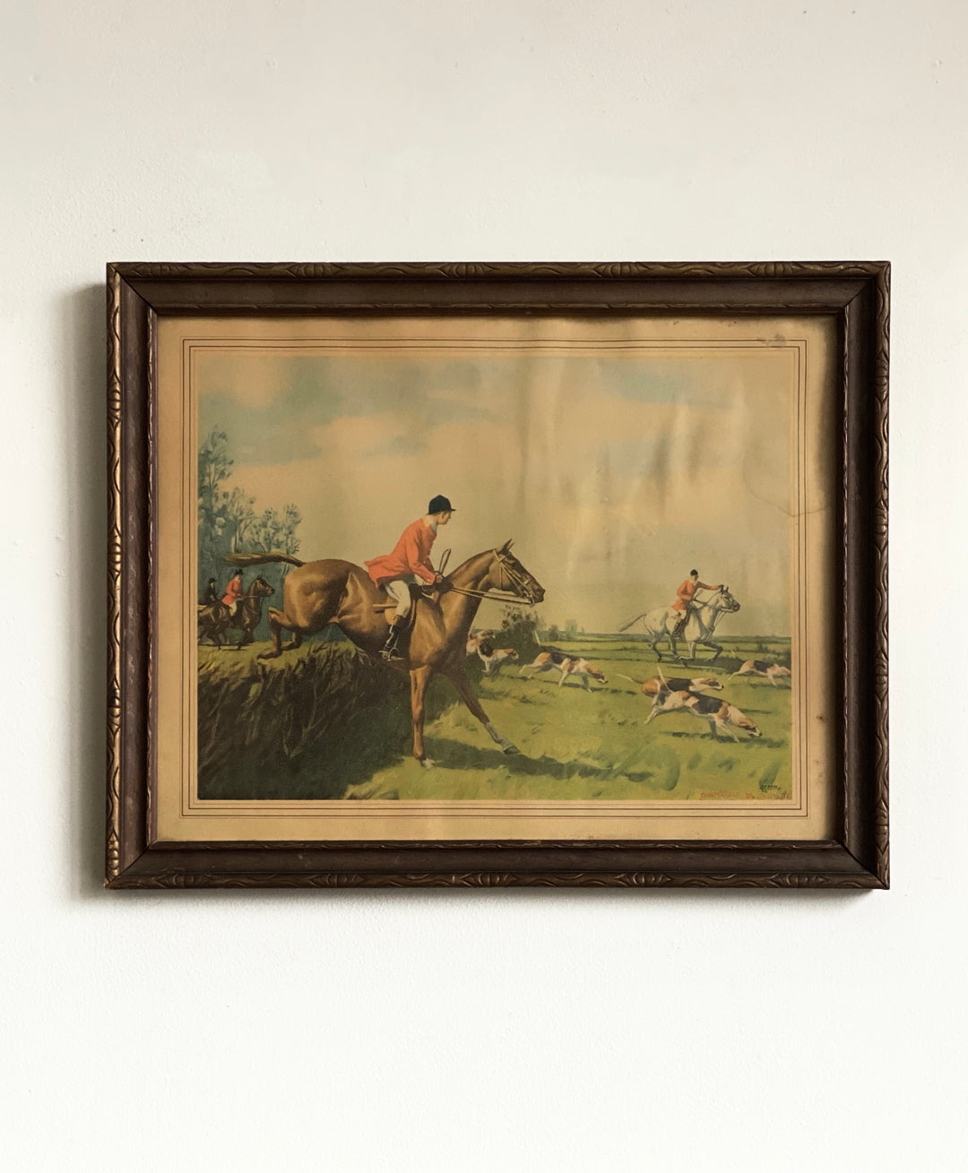 vintage hunting scene lithograph, framed