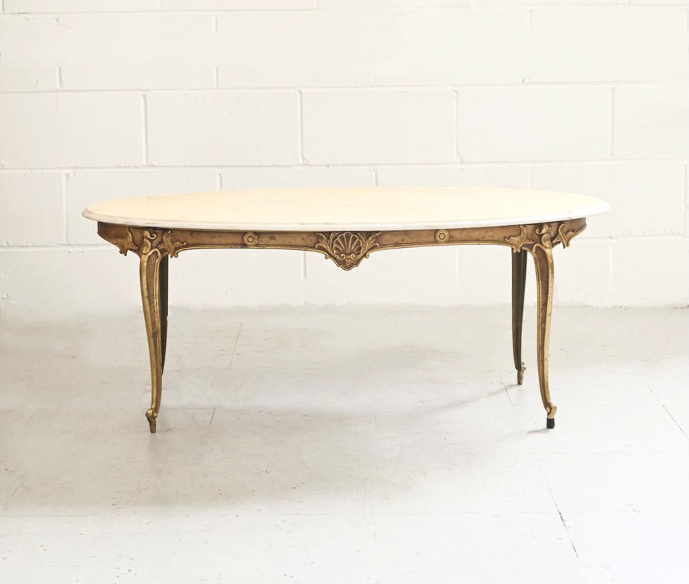 1970s French Louis style cast brass and marble coffee table