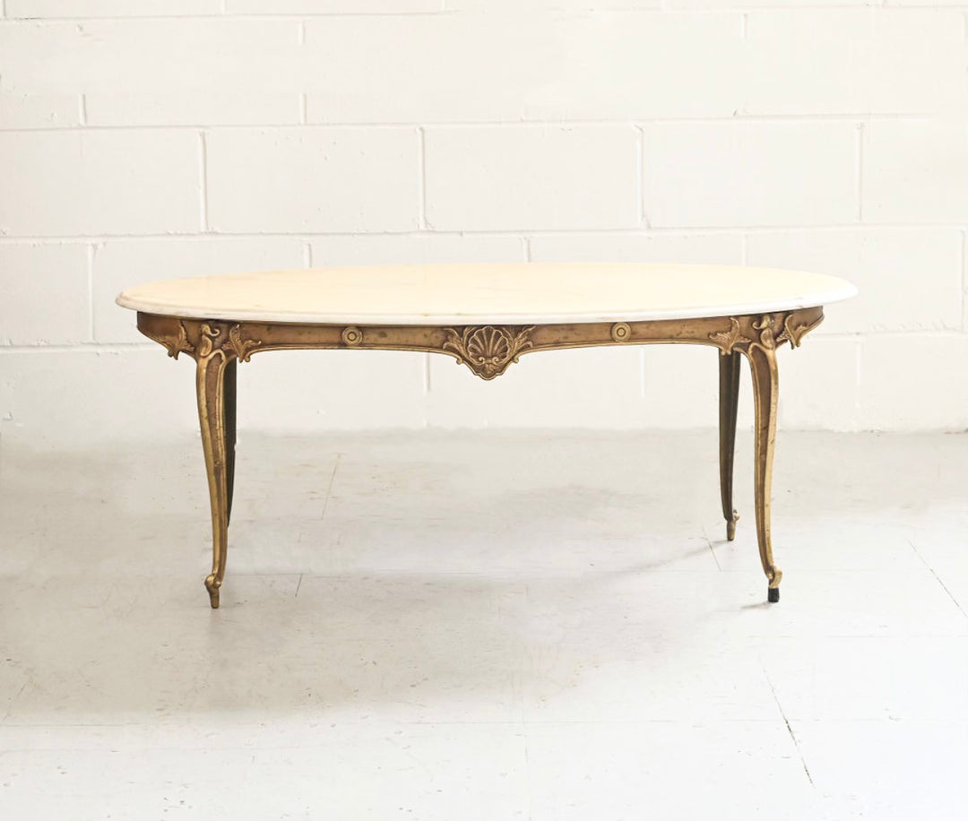 1970s French Louis style cast brass and marble coffee table