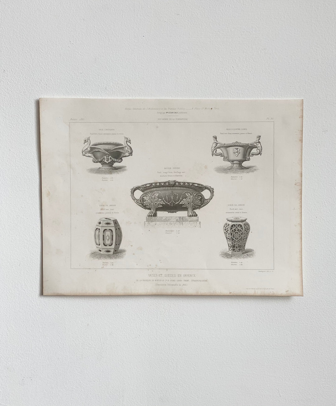 antique design engraving, “vases et siège en fayence”