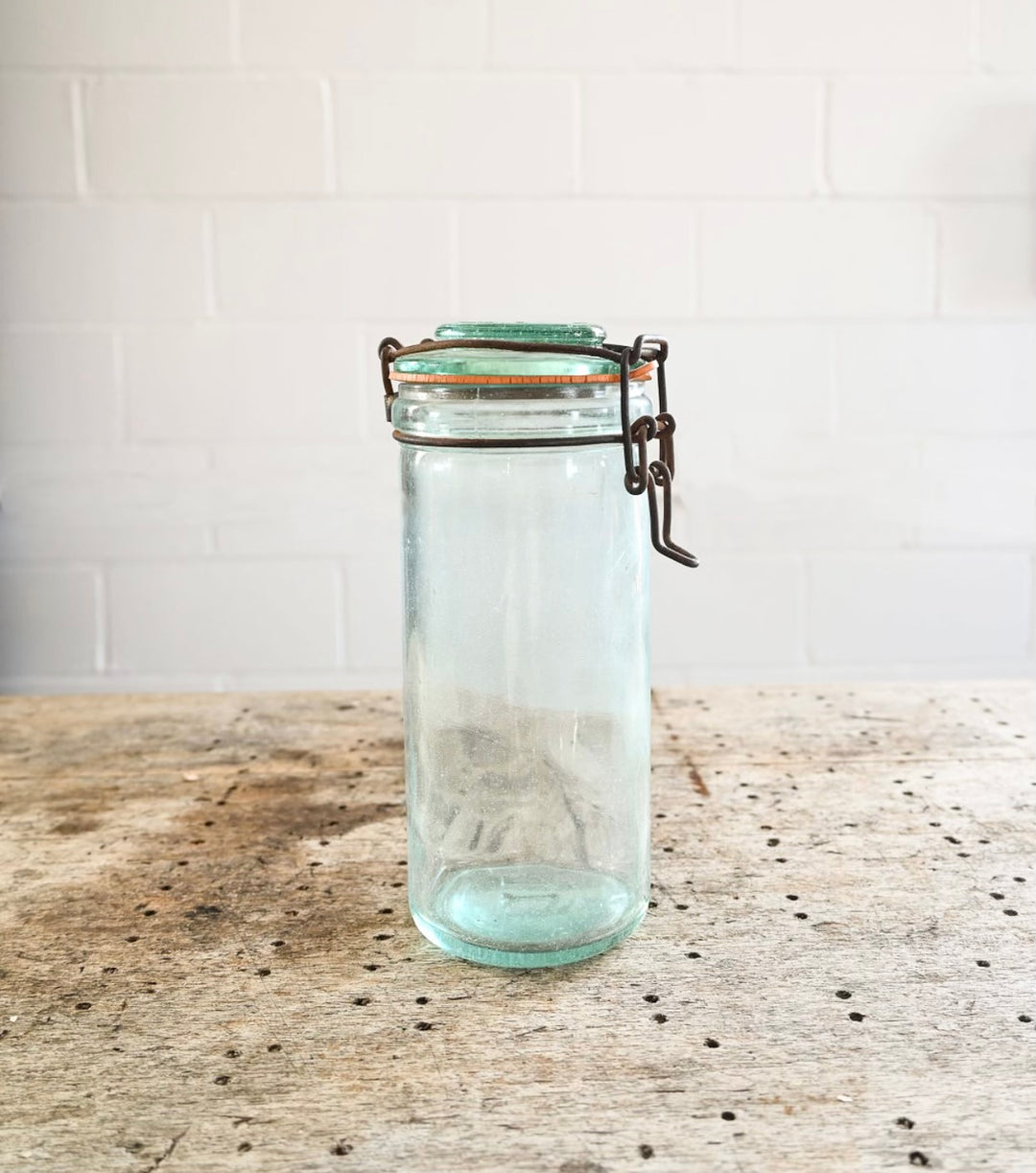 Vintage French green canning jar, “L’Ideale”