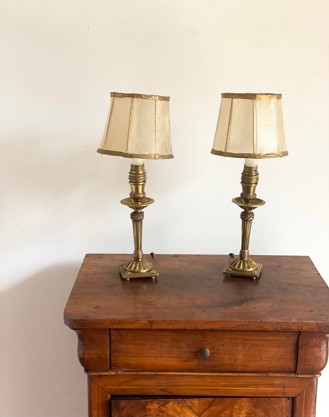 turn of the century French gilt brass lamp with rawhide shade