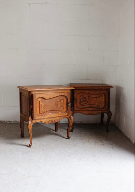 pair of vintage french louis xvi style oak nightstands