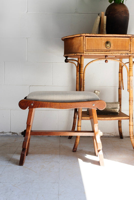 vintage French oak and linen stool