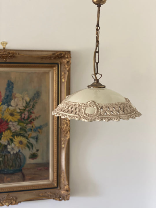 rare vintage Italian Caltagirone hand painted ceramic pendant light, signed by artist Nicolò Morales