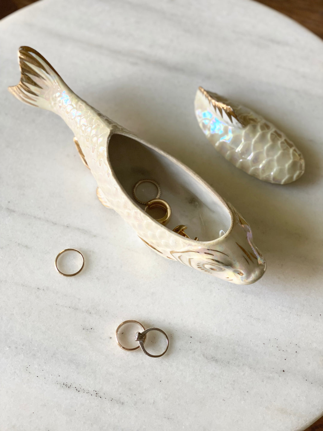 rare antique artist crafted Limoges porcelain fish jewelry box