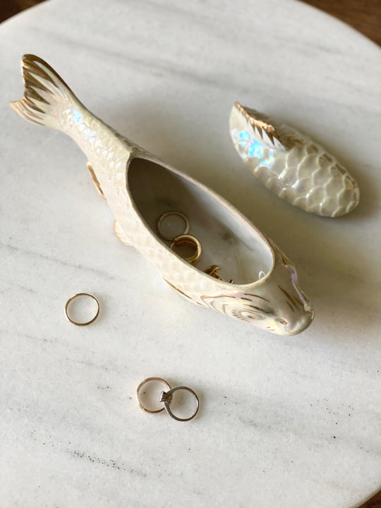 rare antique artist crafted Limoges porcelain fish jewelry box