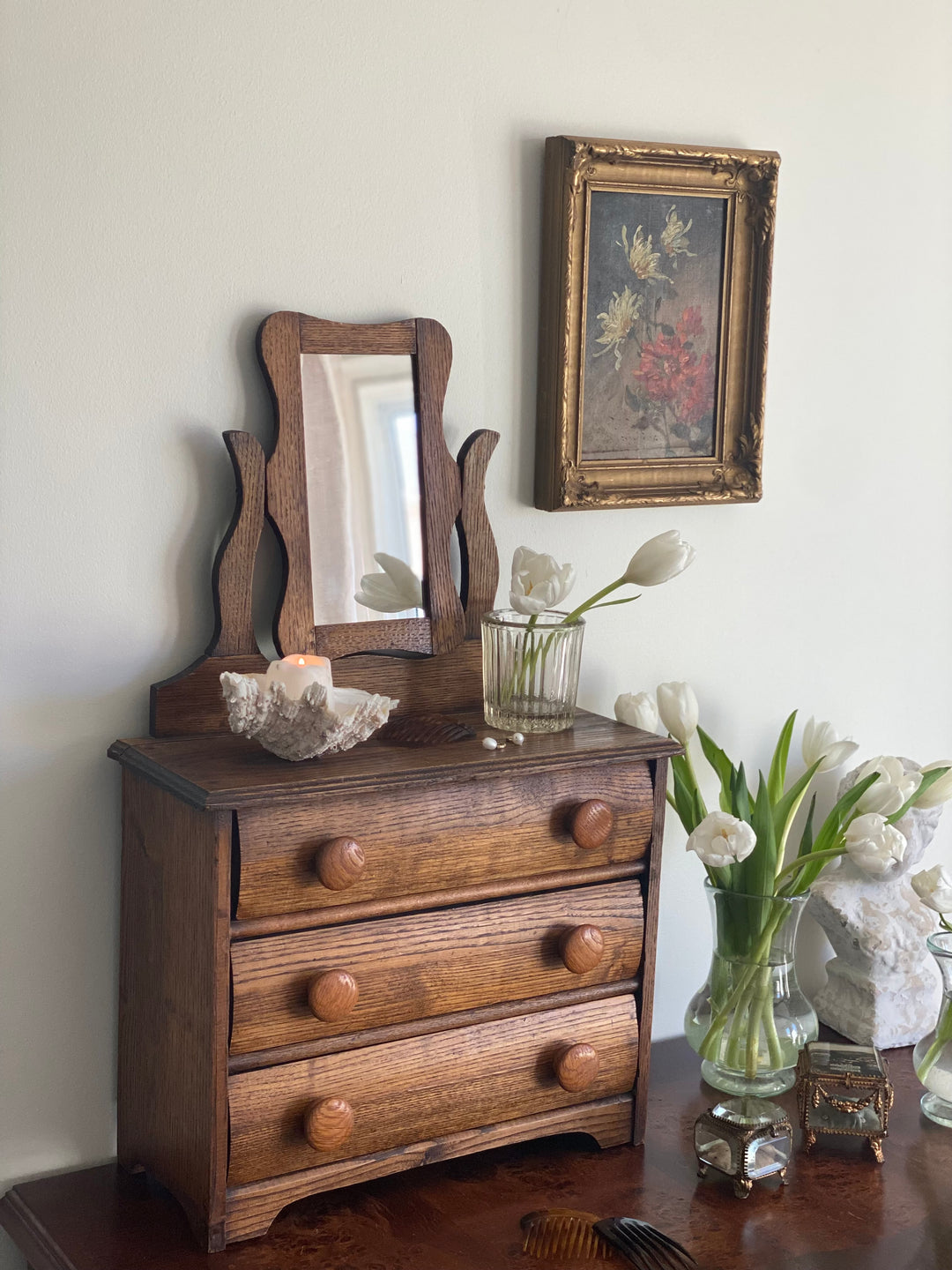 turn of the century French salesman sample oak dresser & vanity mirror