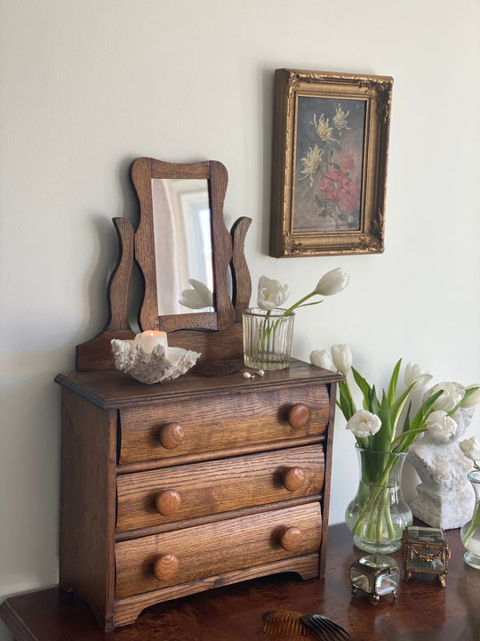 turn of the century French salesman sample oak dresser & vanity mirror