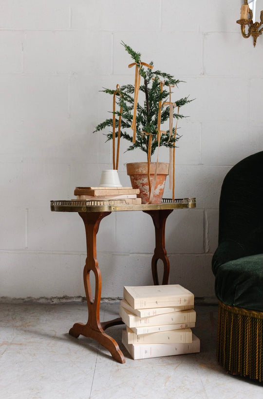 turn of the century french wood inlay and brass side table