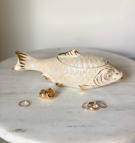rare antique artist crafted Limoges porcelain fish jewelry box