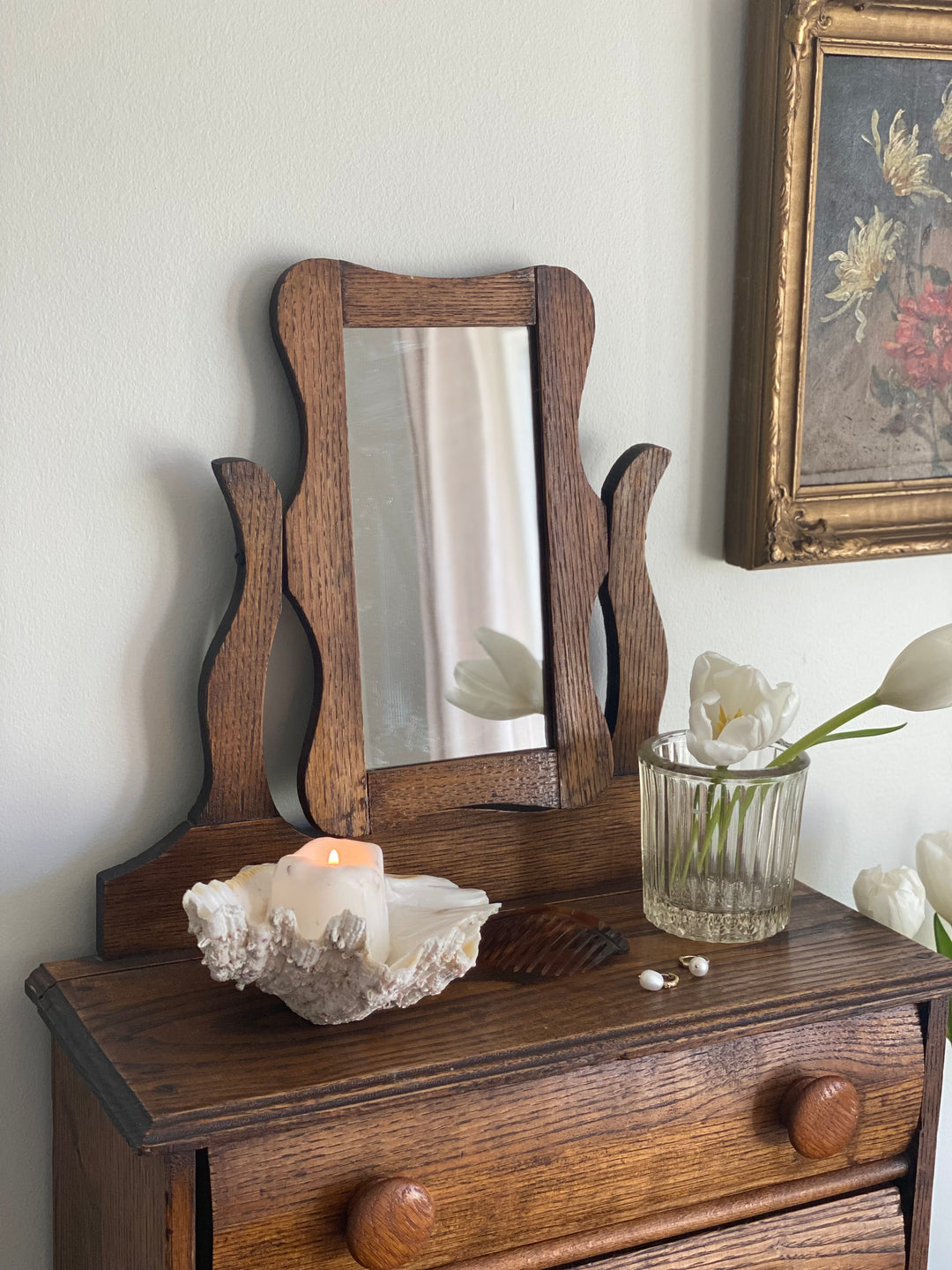 turn of the century French salesman sample oak dresser & vanity mirror