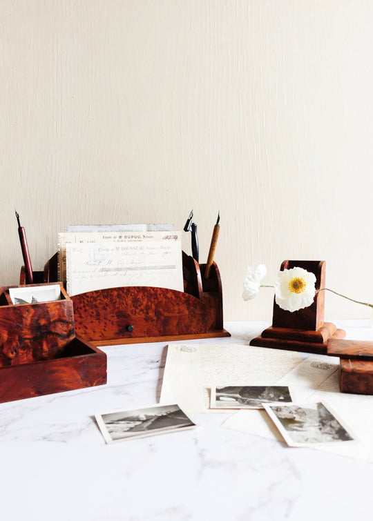 rare 1930s French burl elm wood desk set