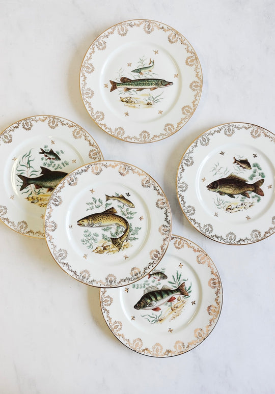 midcentury French "porcelaine de limoges" fish plates