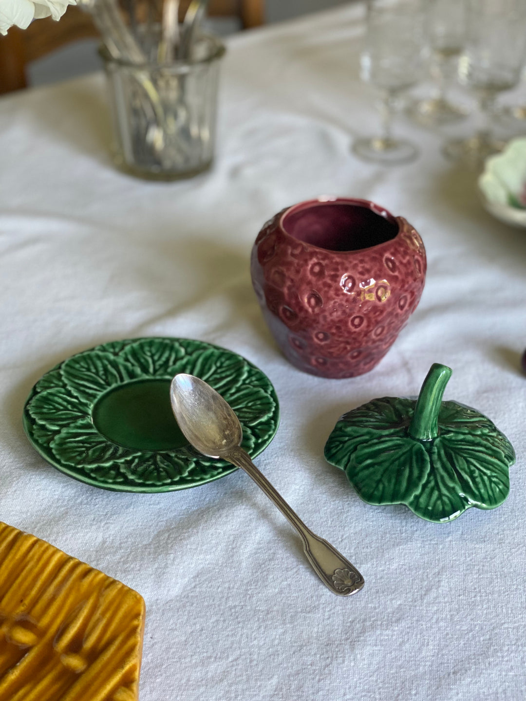 vintage French majolica strawberry confiture pot and antique French silver spoon