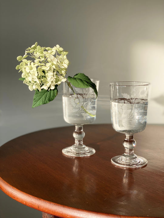 pair of antique French hand blown etched wine goblets