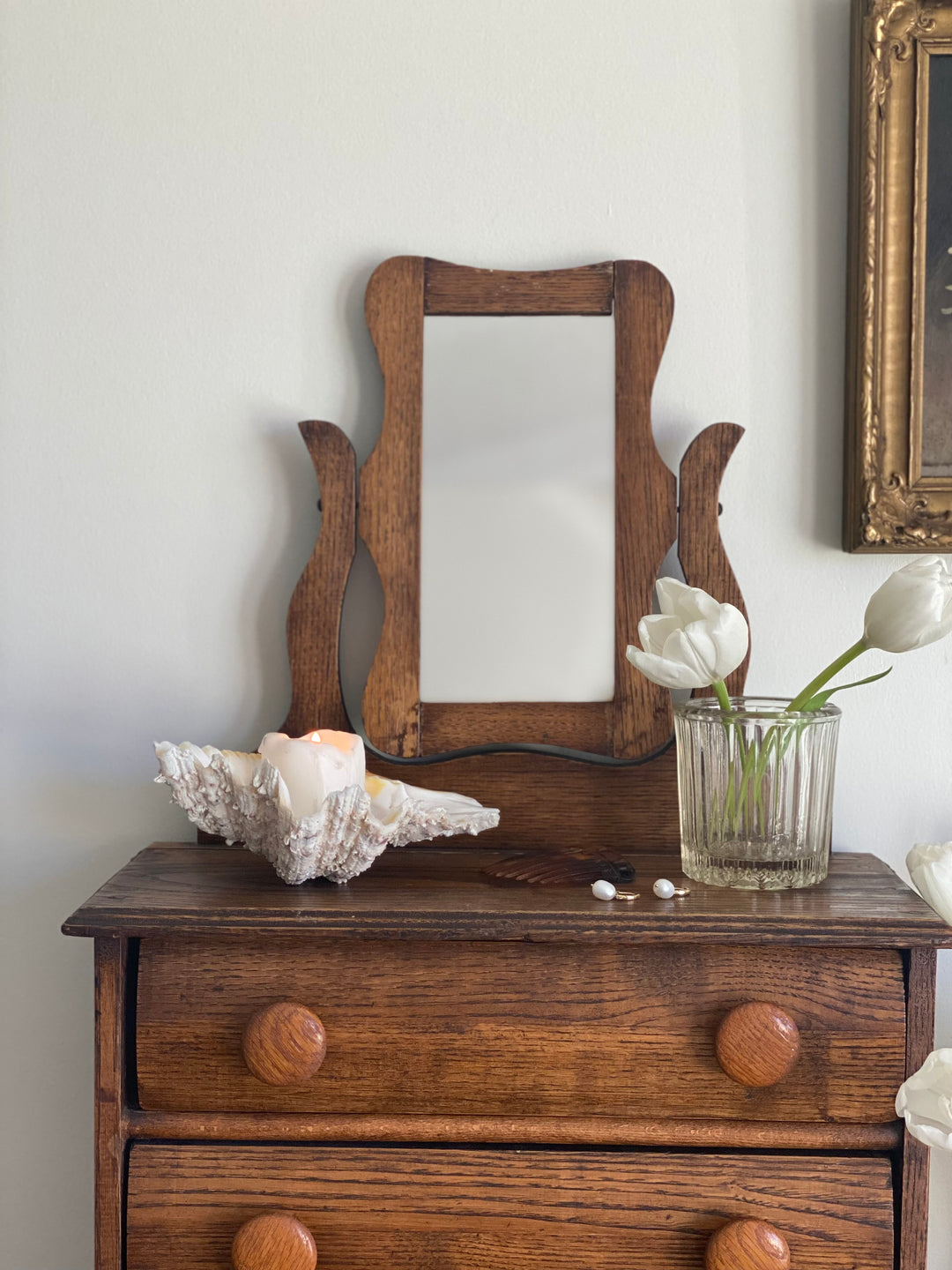 turn of the century French salesman sample oak dresser & vanity mirror