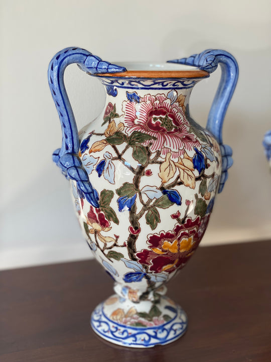 pair of vintage French Gien “pivoines” amphora vases