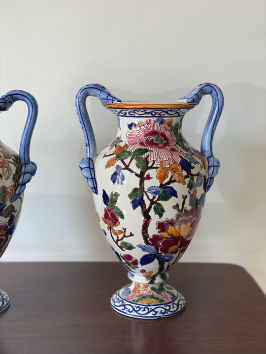 pair of vintage French Gien “pivoines” amphora vases