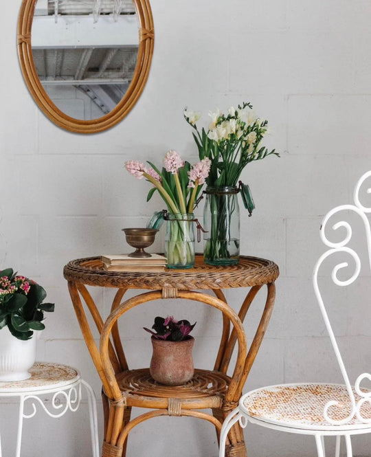 1960s french bamboo and rattan bistro table, in the style of Franco Albini