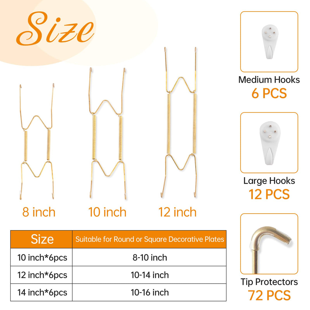 Bilillo 12-Piece Stainless Steel Wall Plate Hangers, 6/8/10Inch Invisible Decorative Wire Plate Holders, Gold
