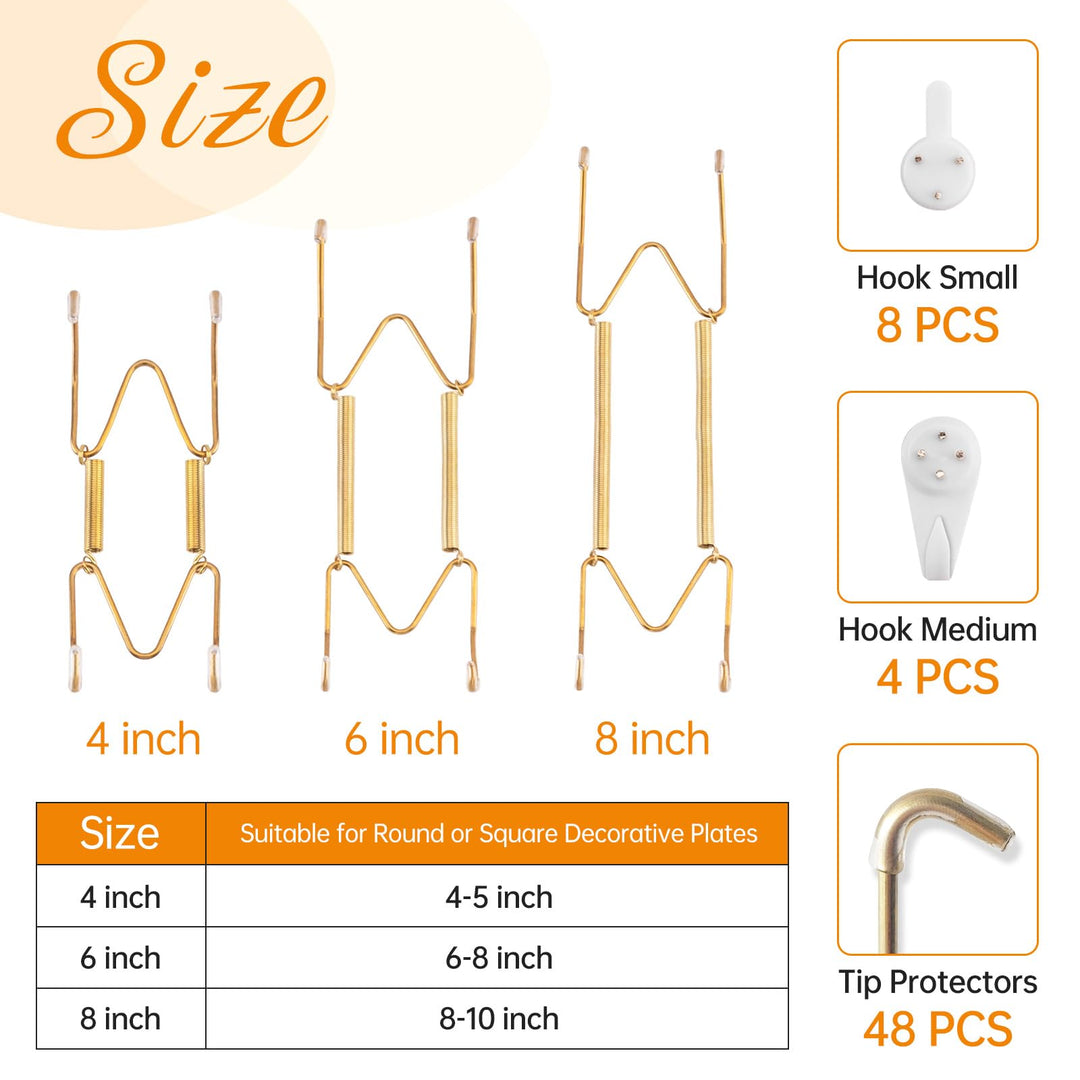 Bilillo 12-Piece Stainless Steel Wall Plate Hangers, 6/8/10Inch Invisible Decorative Wire Plate Holders, Gold