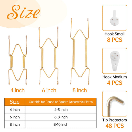 Bilillo 12-Piece Stainless Steel Wall Plate Hangers, 6/8/10Inch Invisible Decorative Wire Plate Holders, Gold