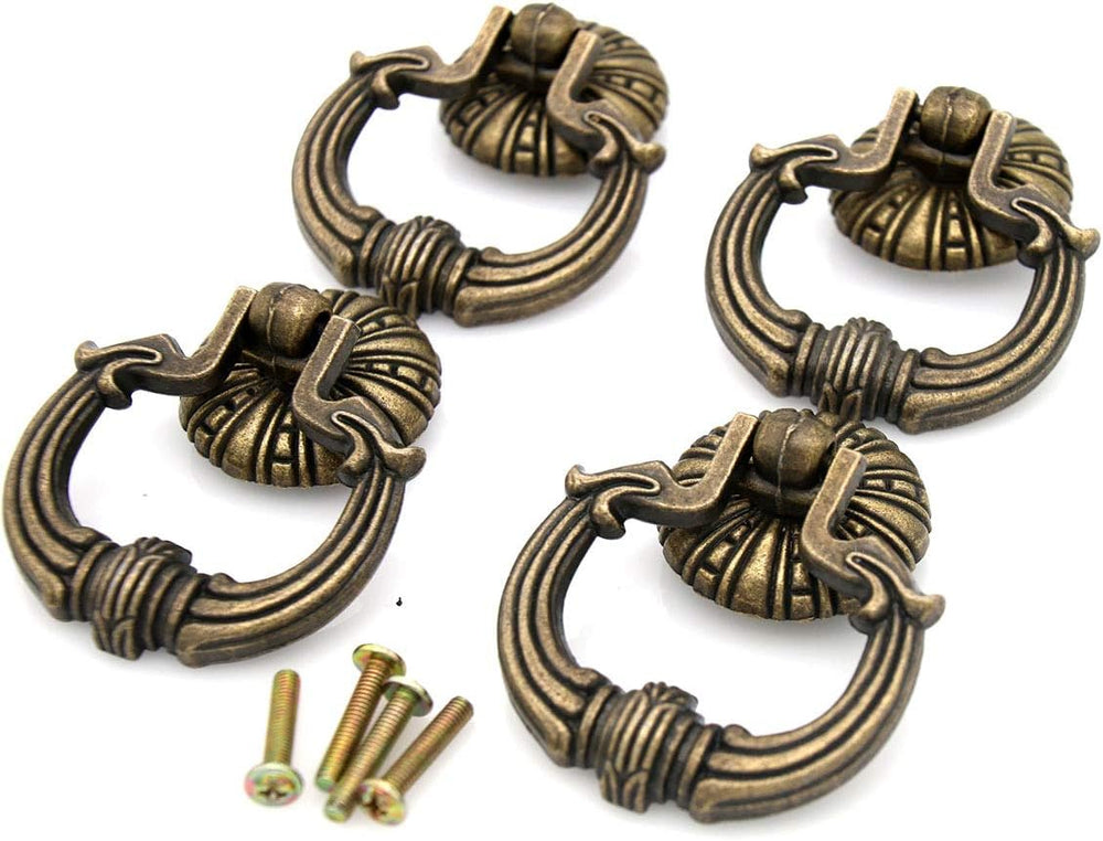4 PCs Vintage Antique Brass Ring Pull Handles for Drawer Cabinet Dresser Wardrobe, Large Size (Height 2-61/64", Width 2-9/32")
