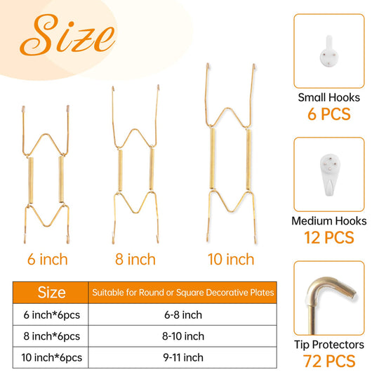 Bilillo 12-Piece Stainless Steel Wall Plate Hangers, 6/8/10Inch Invisible Decorative Wire Plate Holders, Gold