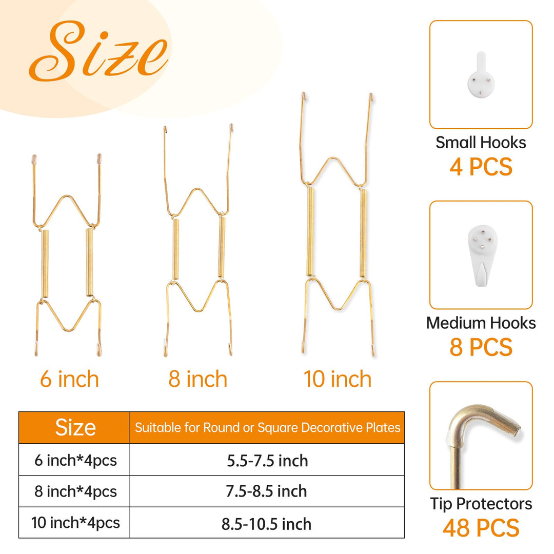 Bilillo 12-Piece Stainless Steel Wall Plate Hangers, 6/8/10Inch Invisible Decorative Wire Plate Holders, Gold
