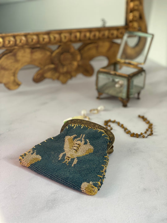 rare 19th century French silk needlepoint tapestry bee motif coin purse