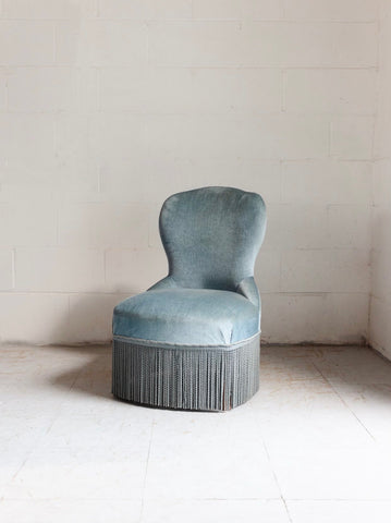 midcentury French sky blue slipper chair with fringe
