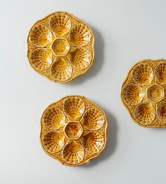 1930s French Sarreguemines majolica oyster plates, set of 4